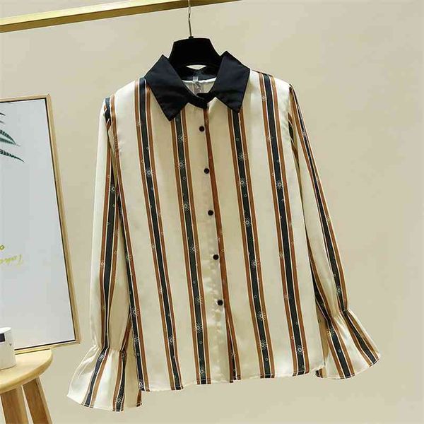 

plus size women's autumn striped lapel chiffon shirt fat sister bottoming uk312 210507, White