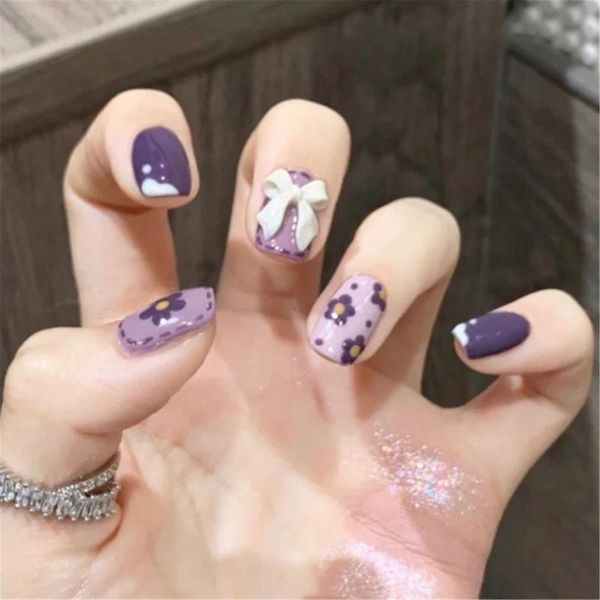 

nail gel 24pcs purple flower design wear short paragraph fashion manicure patch false nails save time wearable, Red;pink