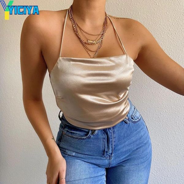 

women's tanks & camis y2k silk satin cami backless bandage women clothing 2021 summer fashion streetwear black sleeveless night par, White