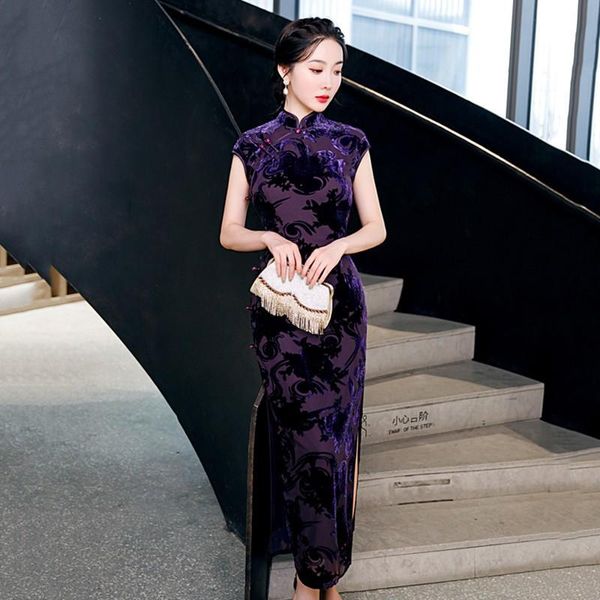 

ethnic clothing sleeveless plus size qipao women long velour cheongsams floral mandarin collar chinese dresses slim evening party vesti, Red