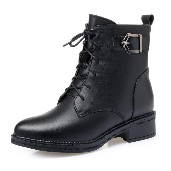 

female shoes martin boots womens wool short boots flat thick heel lace-up cotton shoes large size 43 mother genuel leather, Black