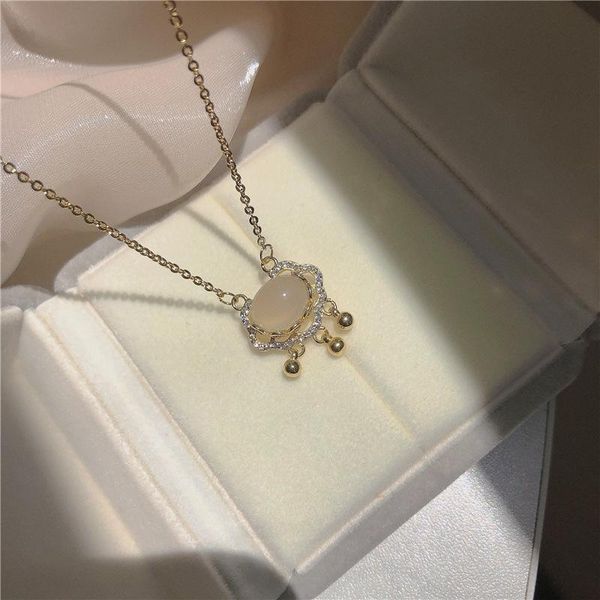 

chains white chalcedony long life lock necklace ruyi lucky clouds safe ins small design high-quality retro female, Silver
