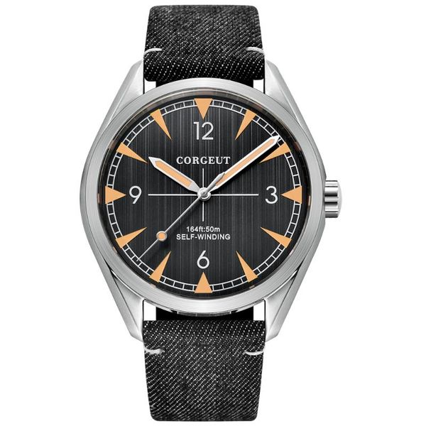 

wristwatches corgeut 41mm miyota automatic mechanical watch men business leather strap luminous waterproof wristwatch, Slivery;brown