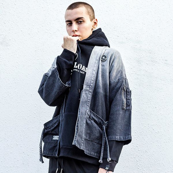 

men's hoodies & sweatshirts japanese kimono gradient jacket color male hip hop denim streetwear harajuku cardigan-style jean vintage j2, Black