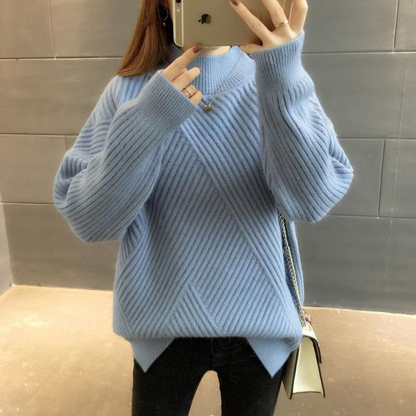 

women's sweaters pullover semi-high collar sweater loose round neck solid color diagonal stripe long sleeve bottoming shirt., White;black