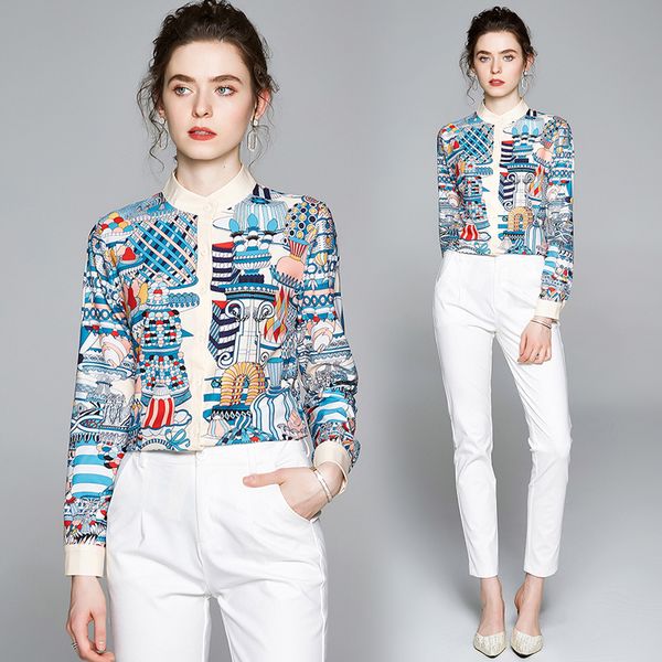 

simgent office blouse fashion casual elegant women long sleeve stand collar printing shirt elegant mujer blusas sg005064, White