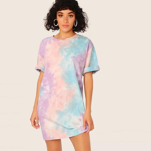 

2021 women's dress summer european and american tie-dye gradient color round neck trendy fashion personality long short-sleeved casual, White