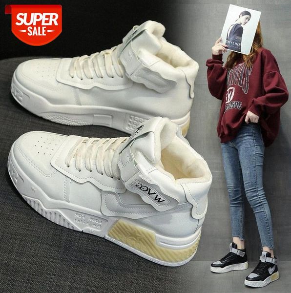 

women's white high-shoes all-match sneakers plus velvet student flat #eb41