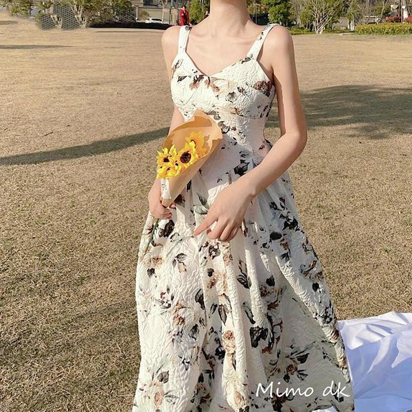 

casual dresses 2021 french vintage strap floral print dress women elegant party backless midi v-neck spaghetti sweet holiday summer, Black;gray