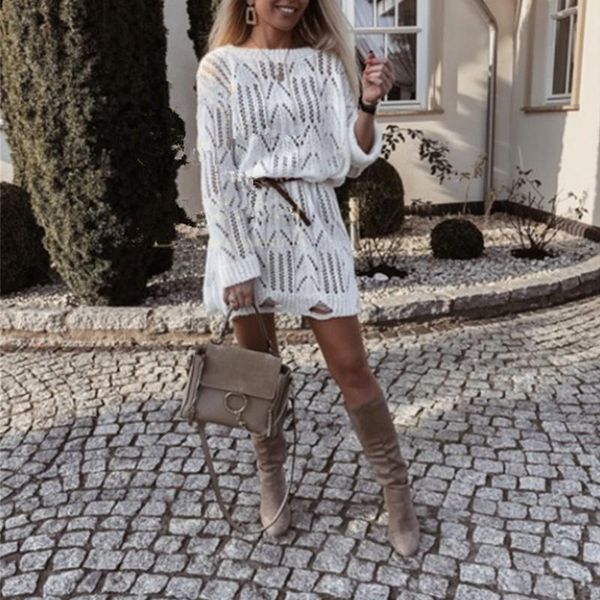 

casual dresses women hollow out round neck full sleeve mini dress fashion solid color loose knitting party female pullover vestido, Black;gray