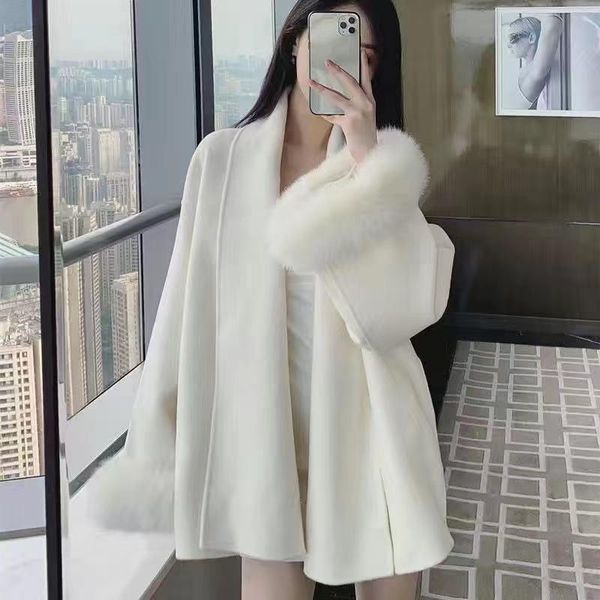 

women's jackets elegant women fashion short double-sided cashmere jacket fall winter detachable faux fur coat cape white woolen cloak o, Black;brown