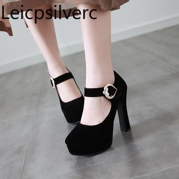 

pumps spring and autumn fashion flock round head shallow mouth buckle thick heel high women's shoe plus size 34-43 dress shoes, Black
