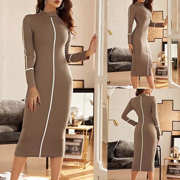 

casual dresses high street ladies knee length dress contrast color long sleeve temperament pencil neck tight, Black;gray