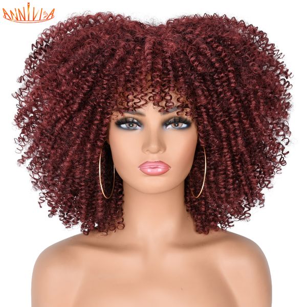 Короткие волосы AFRO Kinky Кудрявый парик с челкой для черных женщин 14 африканских синтетических оммре, безудержный косплей красный синий фиолетовый