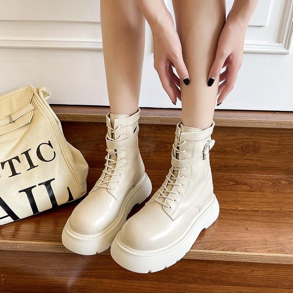 

boots women shoes lace up ankle platform metal buckle round toe short black beige botines mujer