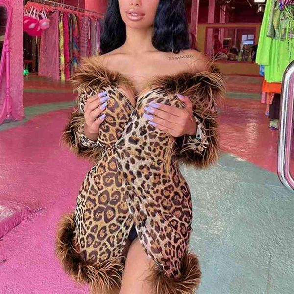 

autumn winter ladies furry club party split vestidos v-neck long sleeve lace up leopard print dresses women's clothing 210517, Black;gray