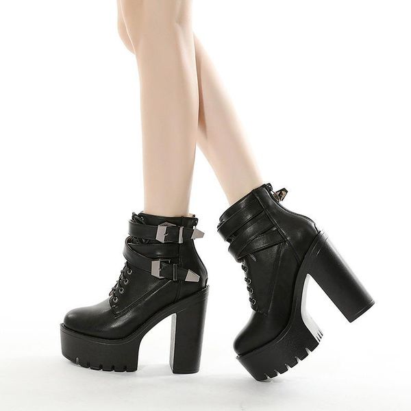 

boots women's shoes cross-pin buckle high-heeled short thick-soled waterproof casual lace-up round-toe 2021, Black