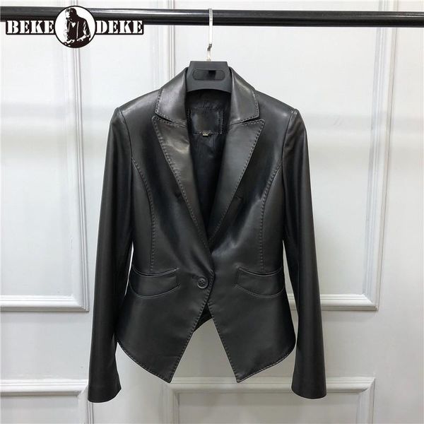 

women's leather & faux office ladies real sheepskin blazer jacket women slim fit one button short genuine suit casual outwear coats 4xl, Black