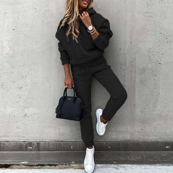 

women's two piece pants tracksuit women sportswear casual hooded sweatshirt solid sport trouser suit with long sleeves outfit, White