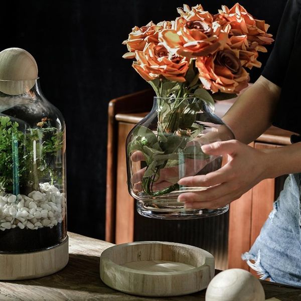 

vases wooden bottom landscaping bottle flower arrangement glass vase fish tank deskcontainer micro landscape