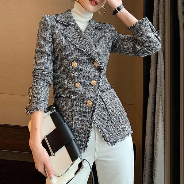 

women's wool & blends oshoplive woolen polka dot women coat korean slim double breasted elegant fashion office ladies jacket long sleev, Black