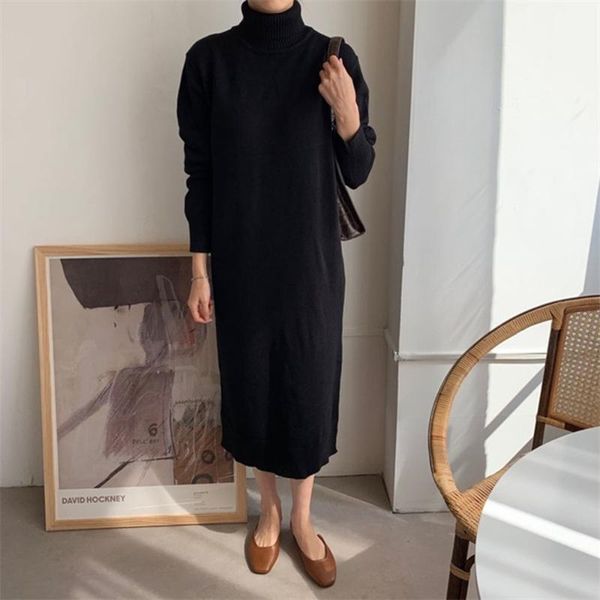 

casual dresses 2021 autumn winter solid color design japanese style knit dress women loose simplicity turtleneck long sleeve, Black;gray