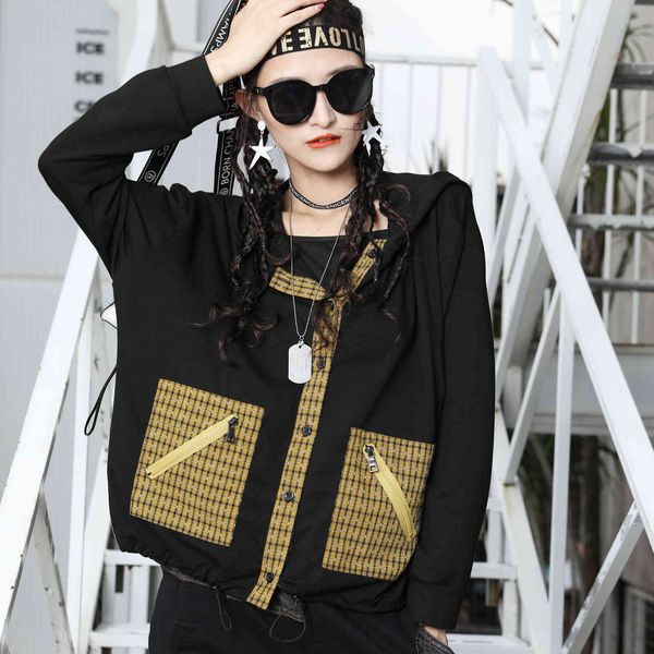 

jackets autumn korean plaid stitching hooded loose large size long-sleeved cardigan jacket, Black;brown