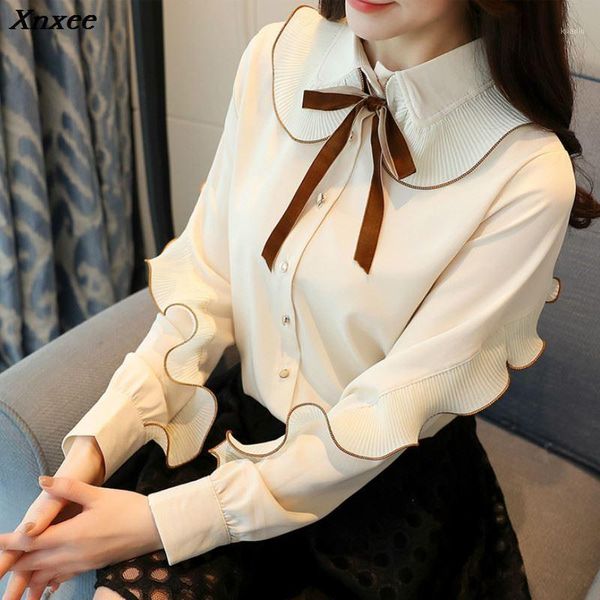 

fashion long-sleeved 2021 autumn women blouse sweet causal womens shirt bow collar chiffon and blouses shirts xnxee women's &, White