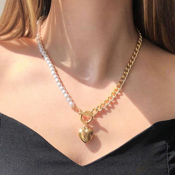 

chains heart necklace for women's neck chain pearl beads portrait pendant golden stainless steel gothic choker gifts girl jewelry, Silver