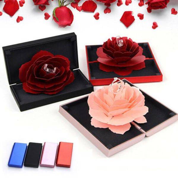

gift wrap beautiful 3d up rose ring box wedding engagement jewelry storage rectangular proposal rotating flower ghs
