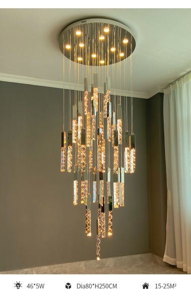 Loft moderno Led Chandelier K9 Cristal Duplex Stair Chandeliers Sala de estar Hotel Teto Luxo Lâmpada Pingente Apartamento Luzes