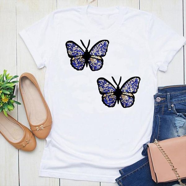

fashion print graphic butterfly style women t shirts beach holiday cartoon summer short sleeve female clothes tees shirt, White