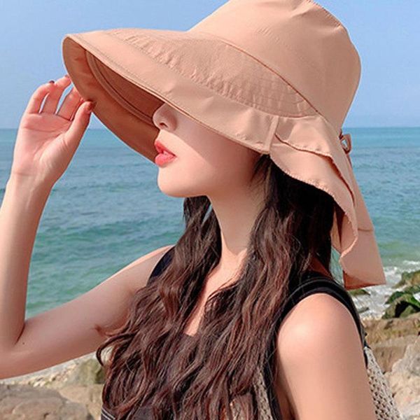 

wide brim hats fashion women summer uv protection sun hat female bucket with neck flap outdoor traveling beach cap, Blue;gray