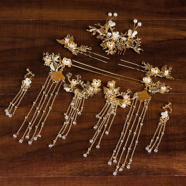 

hair clips & barrettes hanfu headdress lace white flower chinese bride wedding jewelry goldfish xiuhe clothes ancient hairpin flow comb earr, Golden;silver