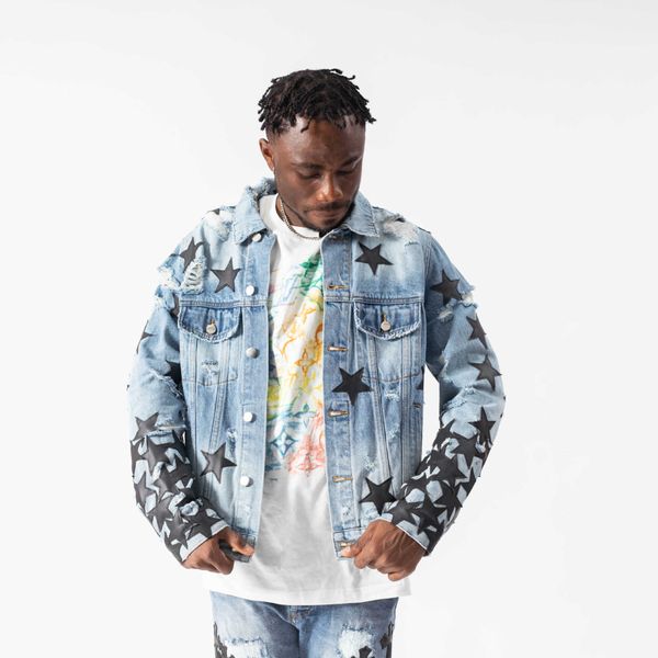 

five pointed star jeans jacket for men and women, Blue