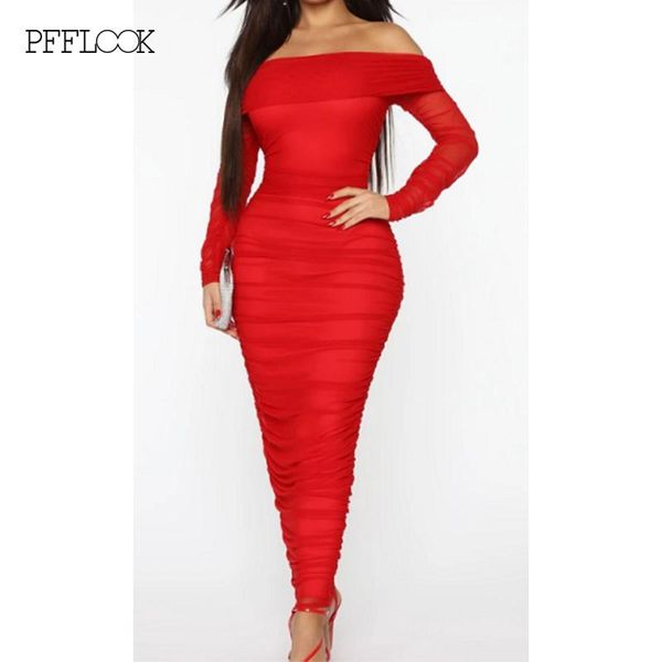 

casual dresses pfflook off shoulder autumn maxi strapless long dress women sleeves bodycon ruched party solid elegant vestidos, Black;gray