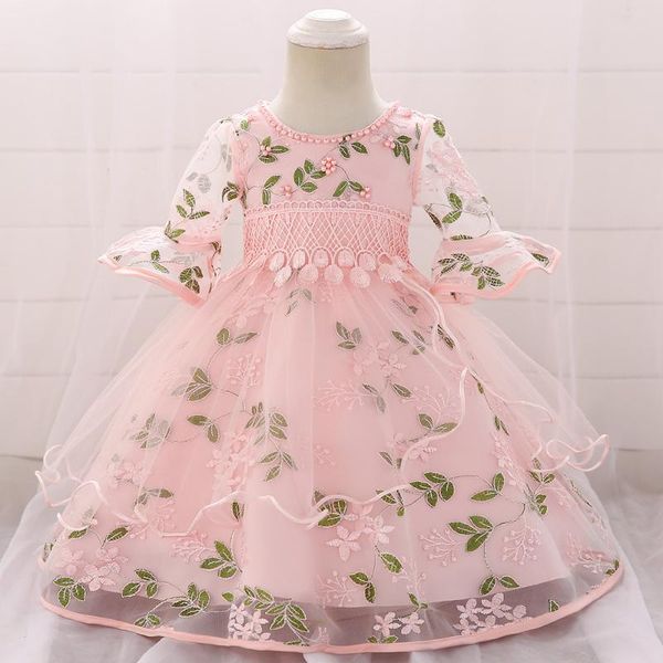 

girl's dresses embroidery flower baby girls dress pearl tulle christening toddler bridesmaid wedding clothes princess party, Red;yellow