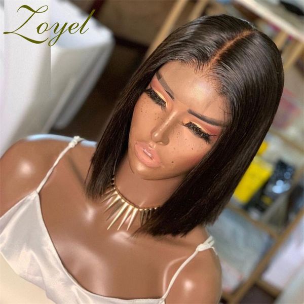 

synthetic wigs middle part 12inch black short soft straight transparent lace front wig for women with babyhair 180%density adjustable strap