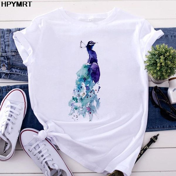 

women's t-shirt 6summer t shirt short sleeve casual cartoon korean style female peacock print harajuku fun cute o-neck tees, White