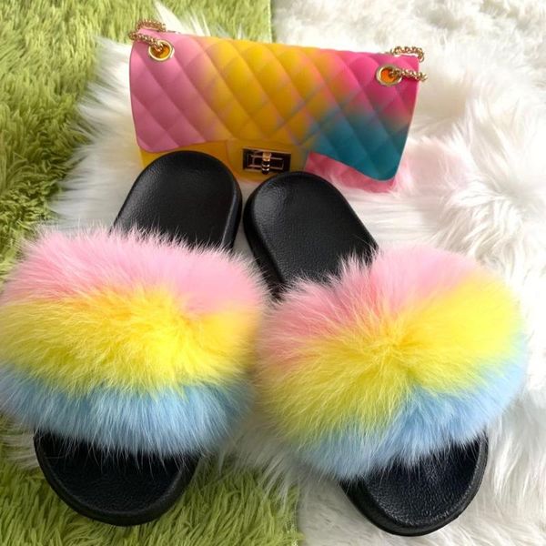 

women shoes rainbow real fur extra fluffy slides and purse set luxury furry cute modish sandals jelly bags handbags slippers, Black