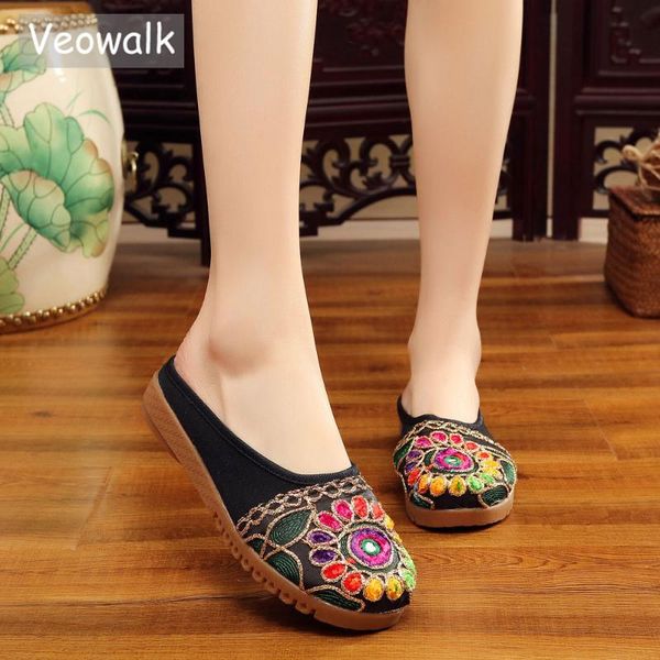 

slippers veowalk thailand princess style embroidered women canvas platforms slip on ladies casual summer slide flat shoes, Black