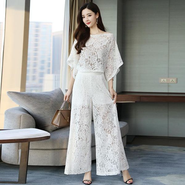 

mother of the bride pant suits lace wide leg trousers plus size women pantsuits formal wedding guest wear 2 two piece set women's pant, White