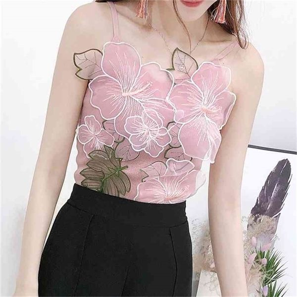 

v neck camis women 3d flower embroidery tanks strap knitted 210407, White