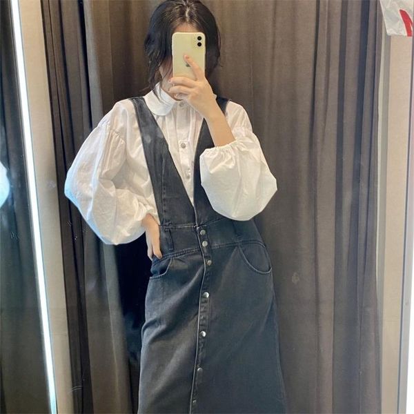 

casual dresses 2021 fall women french deep v-neck denim strap dress, long sleeveless breasted buttons, large swing dress, Black;gray