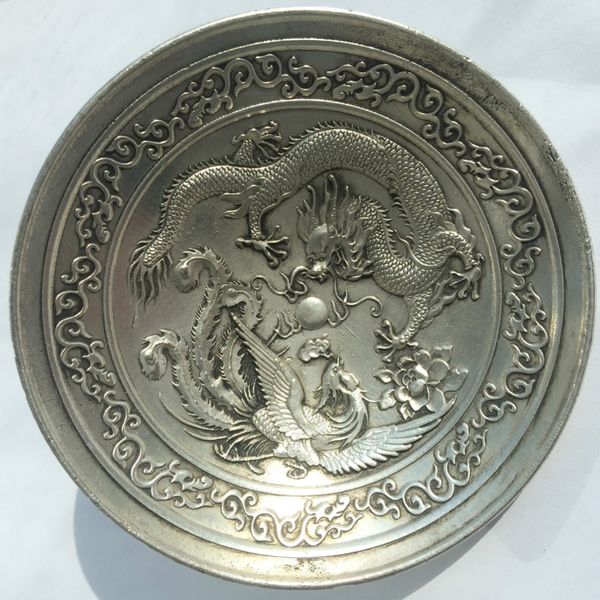 

antique solid silver factory outlets exquisite old chinese decorated handwork tibetan silver dragon phoenix plate shipping free