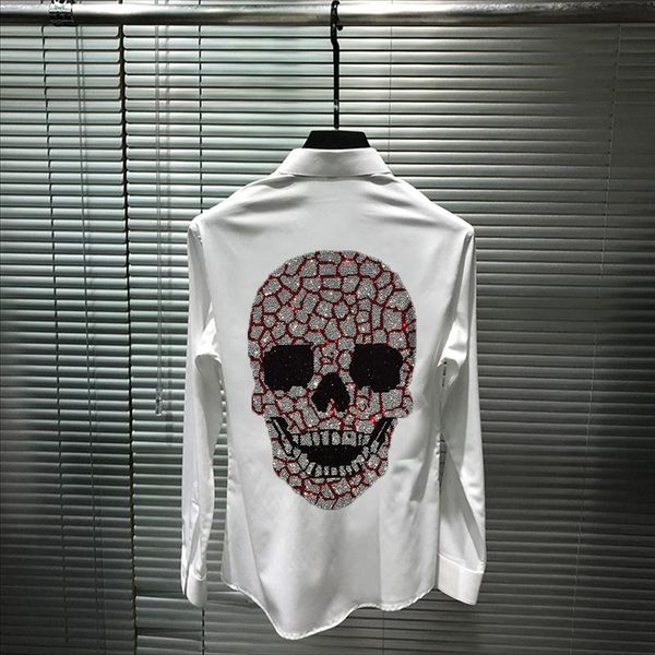 

men's casual shirts selling european fashion hip hop shirt slim design stereo 3d rhinestone skull long sleeve, White;black