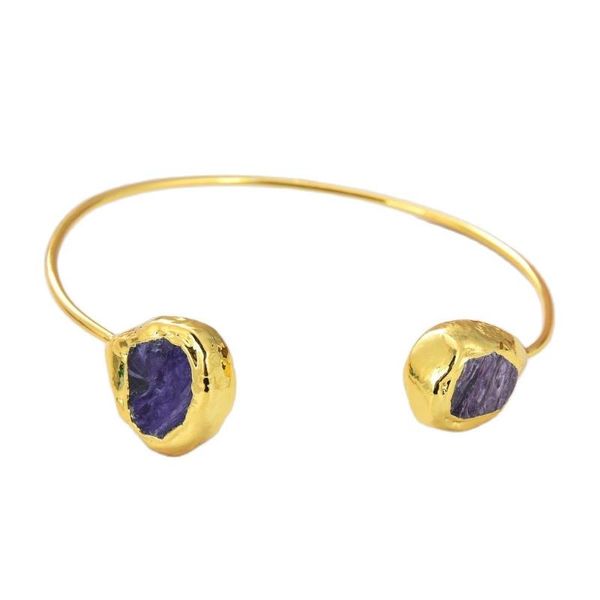 

beaded, strands jk natural purple charoite dragonshard rough 24 k yellow gold color plated bangle bracelet bohemian wide female jewelry, Black