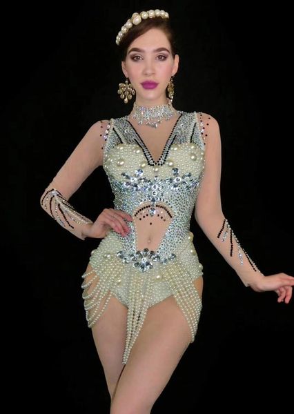 

women silver rhinestones pearls transparent bodysuit bar birthday celebrate outfit dance mesh long sleeves women's jumpsuits & rompers, Black;white