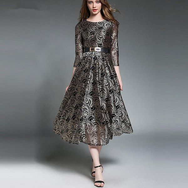 

women's clothing europe vintage slim was thin crew neck three-quarter sleeves dress p19159 casual dresses, Black;gray