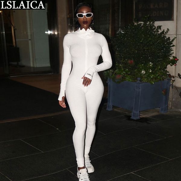 

long sleeve bodysuit solid color knit pit fashion sport wild romper women jumpsuit embroidery slim elasticity 210520, Black;white